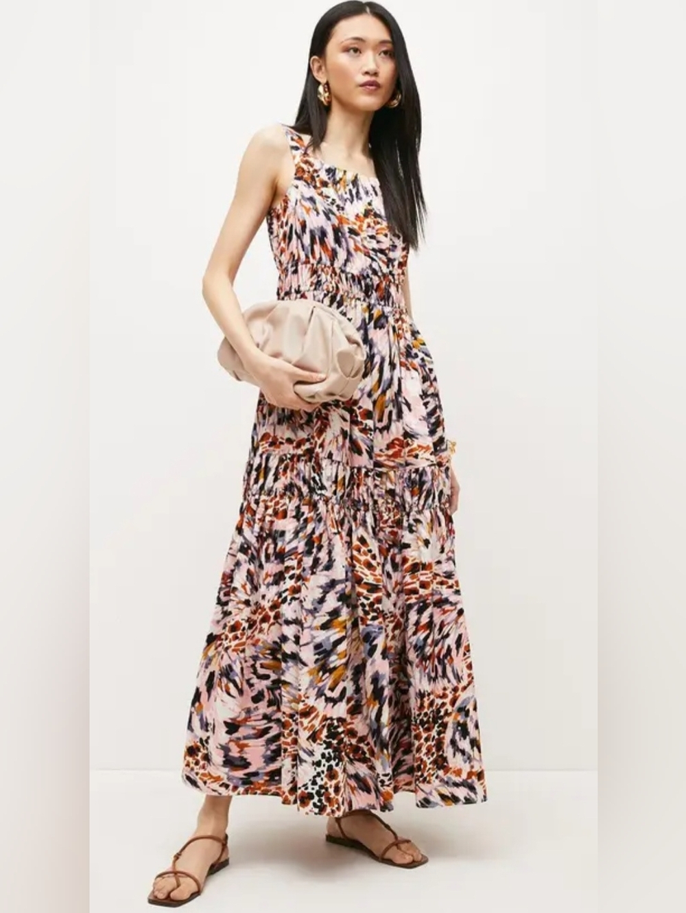 Printed Tiered Maxi Dress in Multicolor Animal Brushstroke